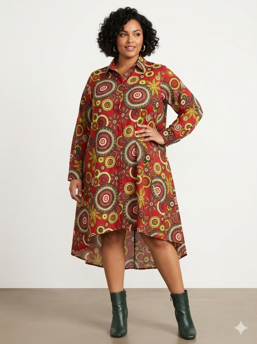 Step In Style Cotton Vibrant Red Boho Circle Print Shirt Tunic Dress one size